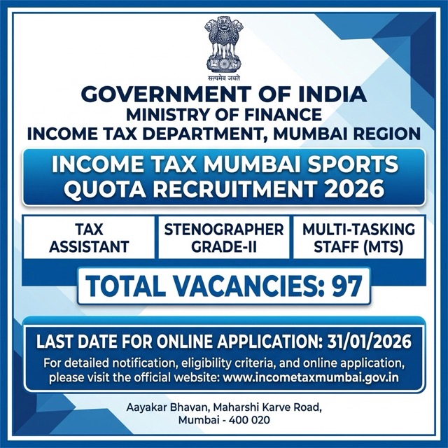 Income Tax Mumbai Sports Quota Recruitment 2026: Apply Online for 97 Tax Assistant, Steno & MTS Posts